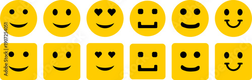 Set of round and square yellow simleys with various faces, including round and square eyes and mouths. Collection of smiley vector icons. Icon for happiness. 