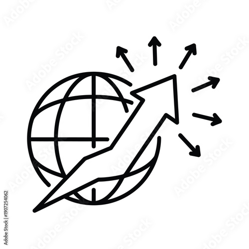 Black line globe with upward trending arrow and radiating arrows earth growth d