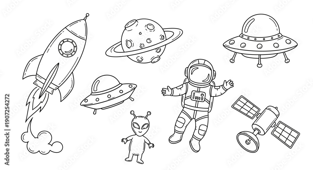 Obraz premium A whimsical collection of space objects rockets planets aliens and ufos
