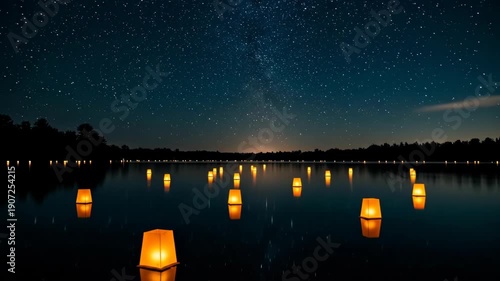 Wallpaper Mural A serene night scene with glowing lanterns on a tranquil lake. Torontodigital.ca