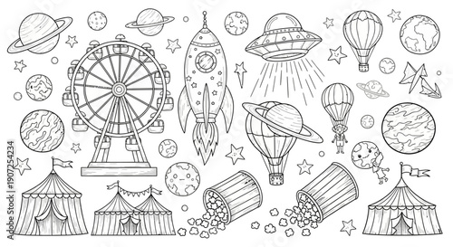 Whimsical doodles of space carnival rides and fairground attractions