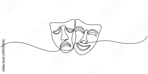 World theater day banner design, with character mask sketch, continuous one line drawing, vector illustration. one line Icon drawing, Greek mask continuous one line drawing, opera event symbols