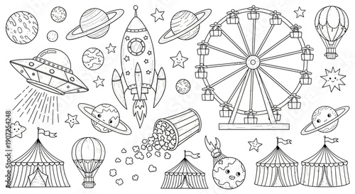 Whimsical space and carnival themed doodle set in black and white