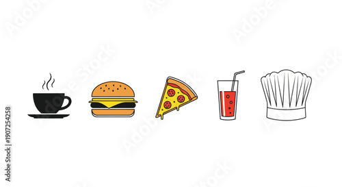 Culinary delights coffee burger pizza juice and chef s hat illustration