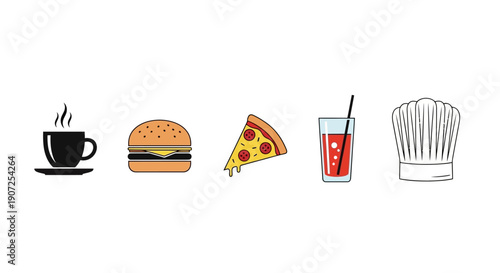 Assortment of culinary icons coffee burger pizza drink and chef s hat