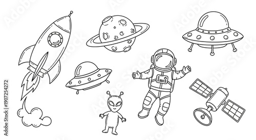 A whimsical collection of space objects rockets planets aliens and ufos