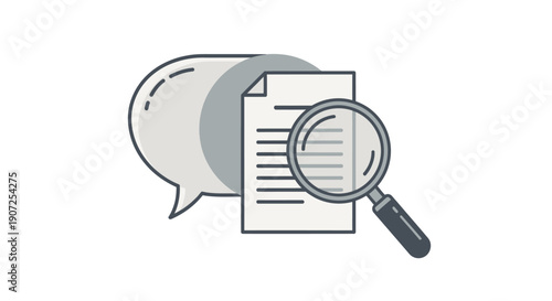 Reviewing documents with a speech bubble and magnifying glass illustration