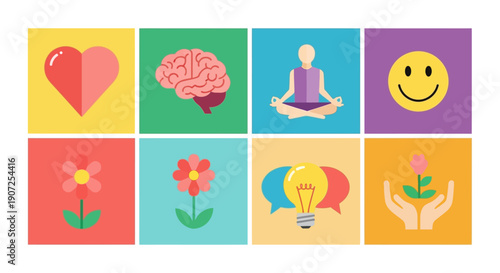 Colorful icons representing love intelligence meditation happiness and growth