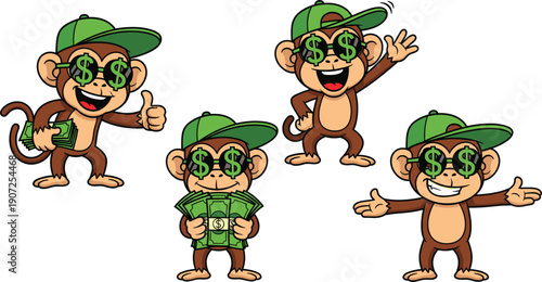 Sticker Rich Monkey Cartoon Character Set with Dollar Sign Sunglasses Green Baseball Cap