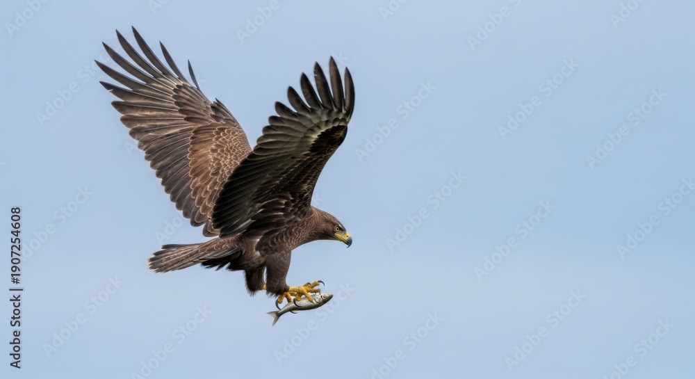 Fototapeta premium Greater spotted eagle flying carrying fish across blue sky