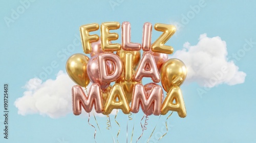 Feliz Dia Mama gold metallic balloon letters with white cloud on pastel blue sky background for Mother's Day banner or social media