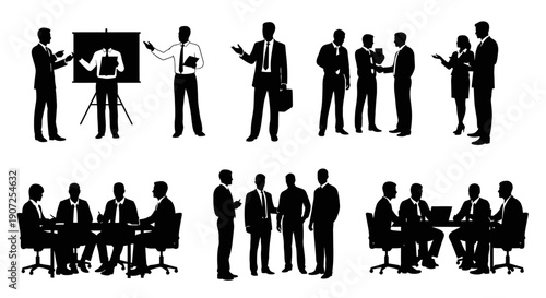 Business professionals in various meeting and presentation scenarios