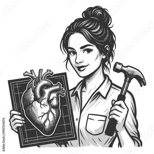 woman holding a hammer and a technical drawing of a human heart, symbolizing emotional rebuilding sketch engraving generative ai fictional character vector illustration. Scratch board. Black and white