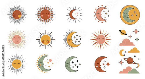 Celestial collection moons suns planets and stars in whimsical illustrations