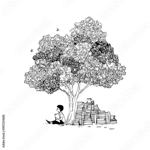 Person reading under a large tree surrounded by stacked books in a serene black and white illustration