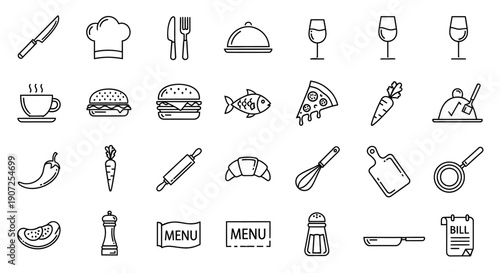 Line art icons depicting various culinary elements and restaurant services