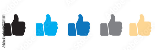 Five diverse hands giving thumbs up in bright colors against white background for success and approval