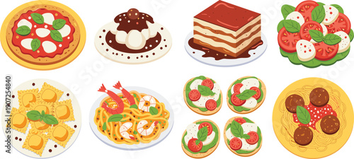 Italian food illustration, pizza, pasta, tiramisu, bruschetta, Caprese salad, ravioli, seafood spaghetti, ice cream dessert, traditional cuisine artwork