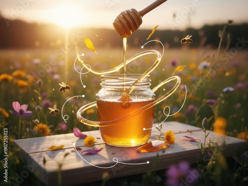 A jar of honey is poured out onto a wooden table