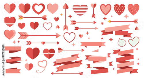 Collection of red and pink hearts arrows and ribbons for valentine s day