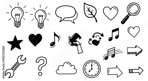Collection of hand drawn doodle icons including lightbulbs hearts and musical notes