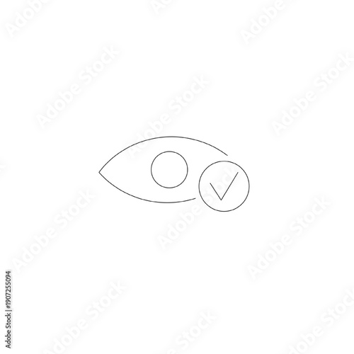 Minimal line icon of an eye with check mark symbol representing permission allowed, visible content or access granted. Clean black outline vector isolated on white background, suitable for user interf