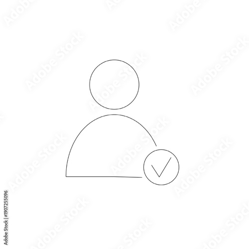 Minimal line icon of a user with check mark symbol representing approved user, verified account or active permission. Simple black outline vector isolated on white background for interface and system 