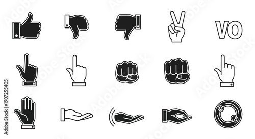 Black and white hand gestures thumbs up down peace and more
