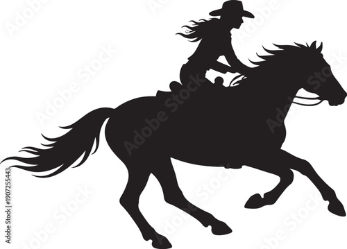Black vector silhouette of a cowgirl riding a galloping horse, western rodeo equestrian sport illustration isolated on white