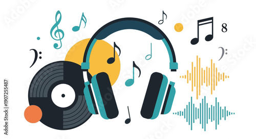 Headphones vinyl record and musical notes in a colorful illustration