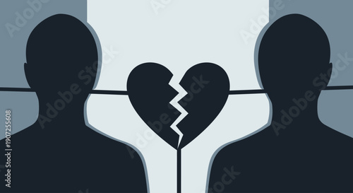 Silhouettes of two people separated by a broken heart symbol