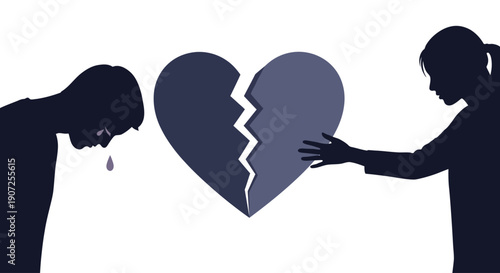 A broken heart symbolizes a painful separation between two silhouetted figures