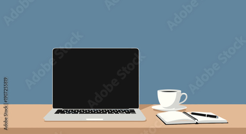 A minimalist workspace featuring a laptop coffee and notebook