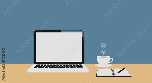 A laptop coffee cup and notebook on a light wooden surface