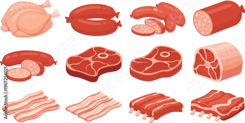Cartoon Meat and Sausage Illustration Set with Chicken Beef Pork Bacon and BBQ Cuts for Food Packaging Menus and Vector Designs