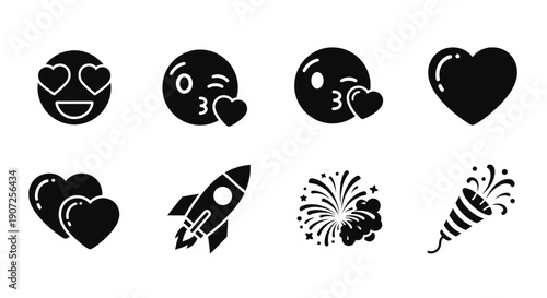 Collection of black silhouette icons emoticons hearts a rocket and fireworks