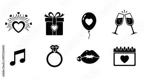Black and white icons representing celebration love and special occasions