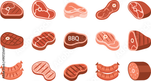 Cartoon Meat and Steak Icon Set with Beef Pork Sausage and BBQ Cuts for Food Menu Packaging and Vector Illustration Designs