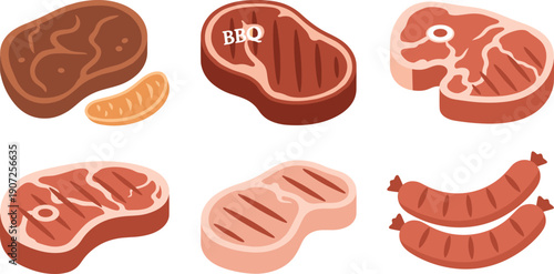 Cartoon Meat and Steak Illustration Set with Beef Pork BBQ Cuts and Sausages for Food Menu Packaging and Vector Designs