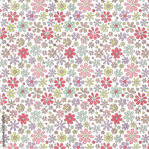 Cute colorful seamless floral pattern with hand-drawn flowers on white background. Playful pastel design ideal for kids products, fabrics and stationery.