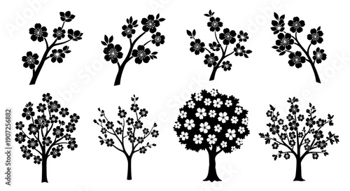Collection of black silhouette floral tree and branch designs