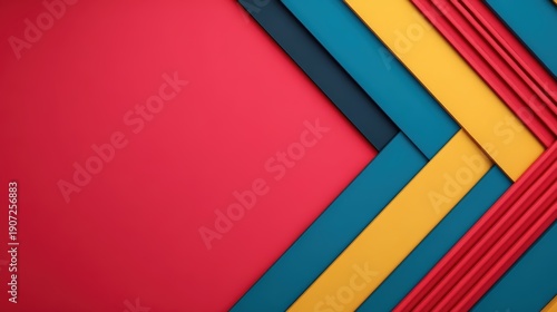 A vibrant composition of geometric shapes in red, yellow, teal, and blue, creating a modern and visually striking abstract design.