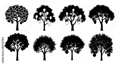 Collection of black silhouette trees with varying shapes and fruit