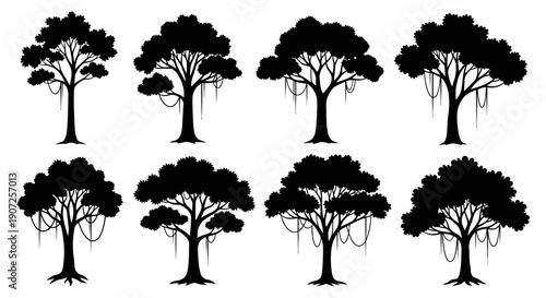 Collection of black silhouette trees with hanging vines and roots