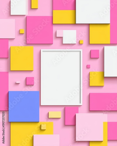 A vibrant composition featuring various colored squares on a pink backdrop, creating a playful and modern geometric design.