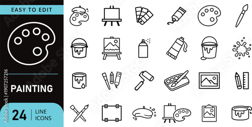 Painting Line Icons Set Easy to Edit Art Tools and Creative Supplies Collection