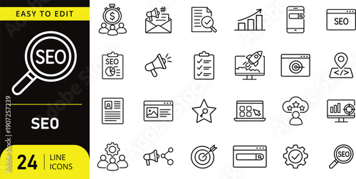SEO Line Icons Set Easy to Edit Search Engine Optimization Marketing Symbols