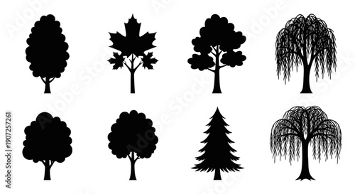 Black silhouettes of various tree types arranged in a grid pattern