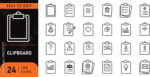 Clipboard line icon set black outline vector collection checklist document