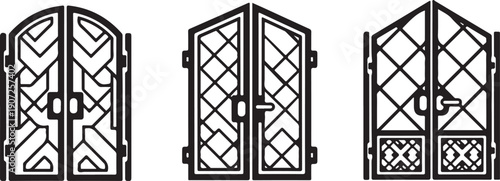 Black and white of three ornate doors with lattice patterns lattice doors decorative doors